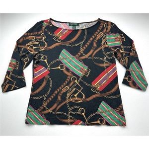 Vintage Lauren Ralph Lauren Gold Chain Print Shirt Womens L Boatneck 90s